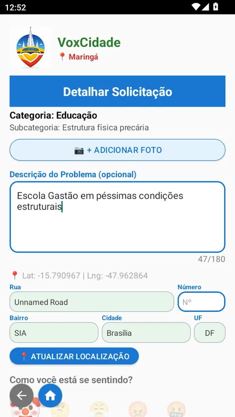 Registro com foto, descrição e localização por GPS