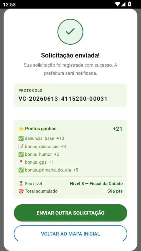 Confirmação de envio com protocolo e pontos