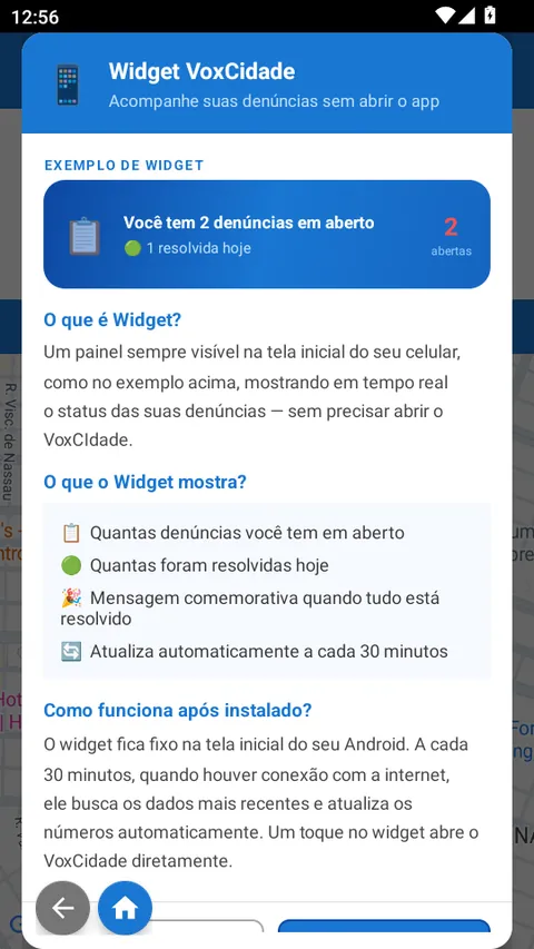 Widget do VoxCidade na tela inicial do celular